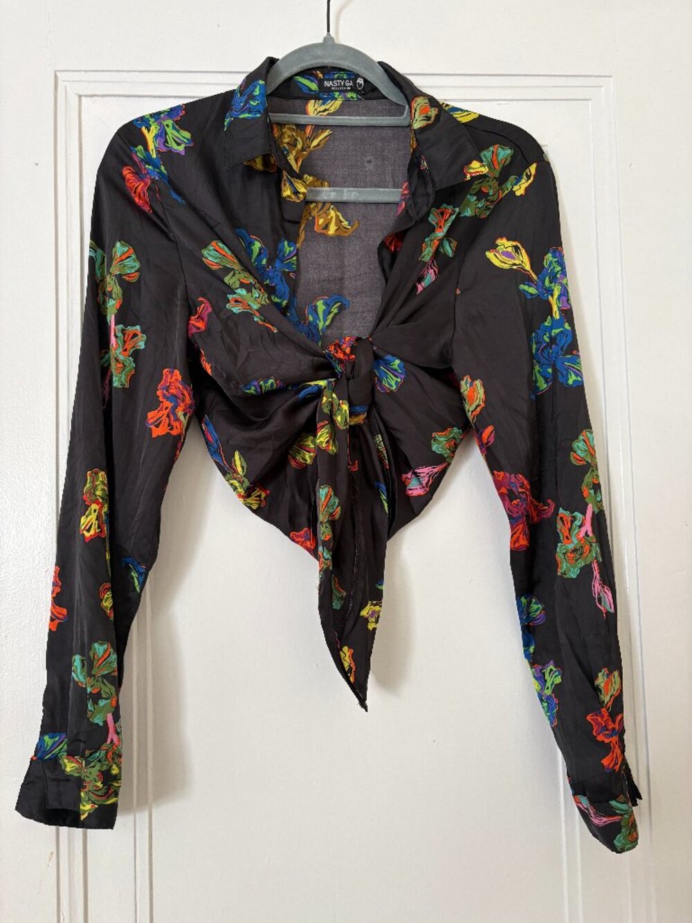 Nasty Gal Black Floral Front Tie Blouse | US 2